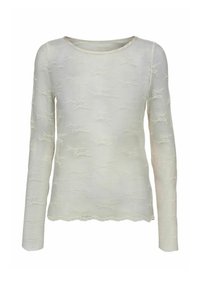 Lange mouw top in licht crèmekleur met een getextureerd bloemenpatroon, ronde halslijn en scalloped zoom. Gemaakt van een zachte, doorschijnende stof.