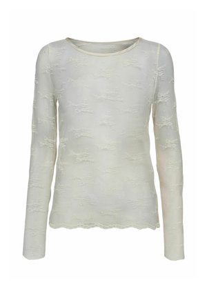 Gara piedurkne blūze gaiši krēmkrāsā ar teksturētu ziedu rakstu, apaļa izgriezuma kakls un viļņota apakšmala. Izgatavota no mīksta, caurspīdīga auduma.