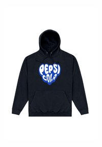 Felpa nera con tasca frontale e cappuccio con lacci, caratterizzata da un logo stilizzato "Pepsi Cola" blu e bianco in lettere a bolle sul petto.
