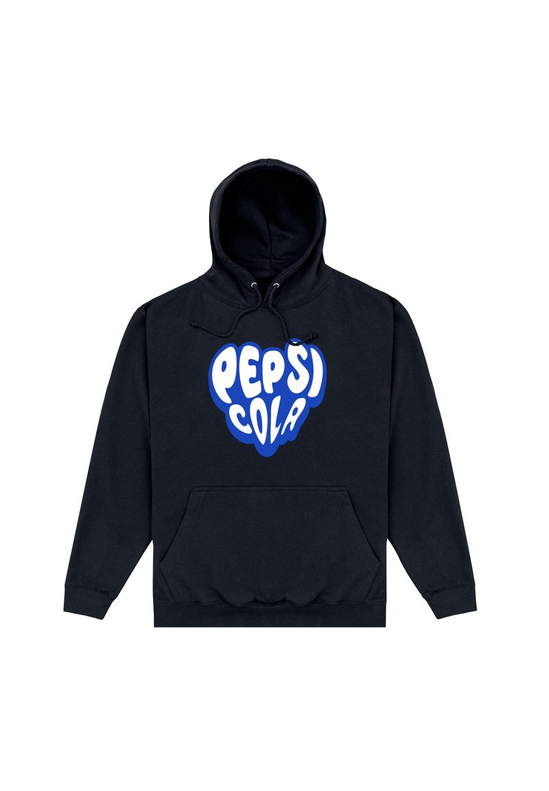 Felpa nera con tasca frontale e cappuccio con lacci, caratterizzata da un logo stilizzato "Pepsi Cola" blu e bianco in lettere a bolle sul petto.