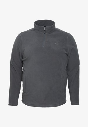 Harmaa fleece-pusero, jossa on puolivetoketju kaula-aukossa, sivutaskut ja joustavat hihansuut. Pehmeä tekstuuri, jossa on hienovarainen kiilto; logo rinnassa.