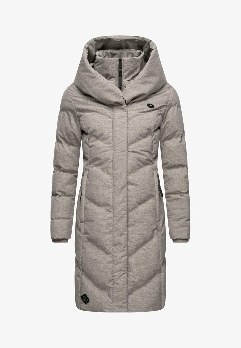 Grå polstret jakke med høy krage, glidelås, sidelommer og tekstil med diagonalt quiltet mønster.