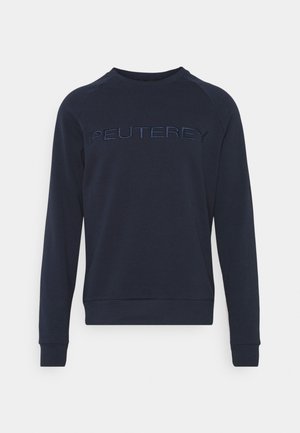 Navy blue sweatshirt with ribbed cuffs and hem, features embossed "PEUTEREY" logo across the chest, made from soft cotton fabric.