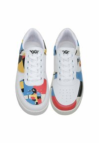 White sneakers featuring a mix of colorful geometric patterns in blue, red, yellow, and black, with perforations on the toe cap and white laces.
