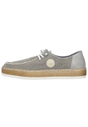Gray fabric shoe with a woven texture, white laces, and a round emblem. Features a light gray leather heel and a jute-like sole with white trim.