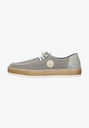 Gray fabric shoe with a woven texture, white laces, and a round emblem. Features a light gray leather heel and a jute-like sole with white trim.