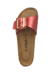 Rosaguldiga slidesandaler med en bred rem, prydda med en gyllene spänne. Mjuk, naturlig fotbädd, texturerad sula och präglad värdemärke inuti.