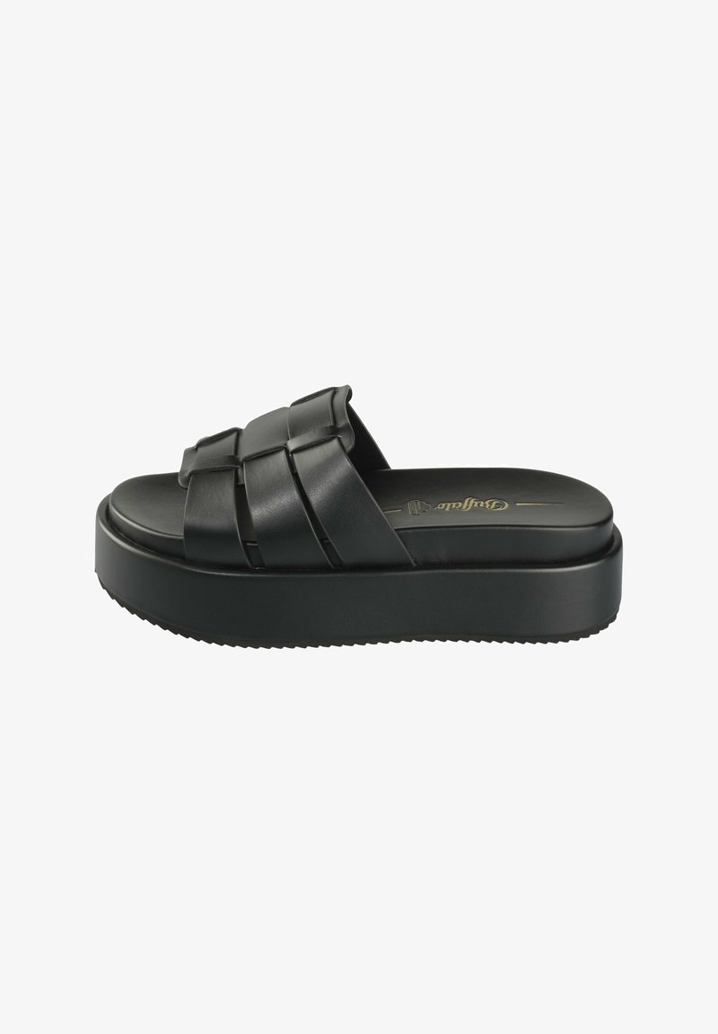 Svart slidesandal med tjock plattformssula. Har breda flätade remmar av ett slätt material. Enkelt design utan synlig hårdvara.