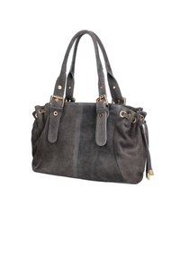 Grijze suède handtas met dubbele handvatten, goudkleurige accenten en geplooide zijkanten. Zachte textuur met zichtbare stiksels en verstelbare banden.