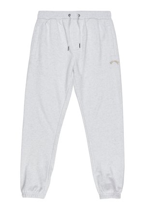 Pantaloni sportivi grigi chiari realizzati in tessuto morbido, dotati di una cintura elastica con cordini, tasche laterali e un piccolo logo sulla coscia.