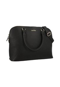 Sac à main en cuir noir avec deux poignées, bandoulière réglable, fermeture éclair dorée et petit logo de marque doré à l'avant.