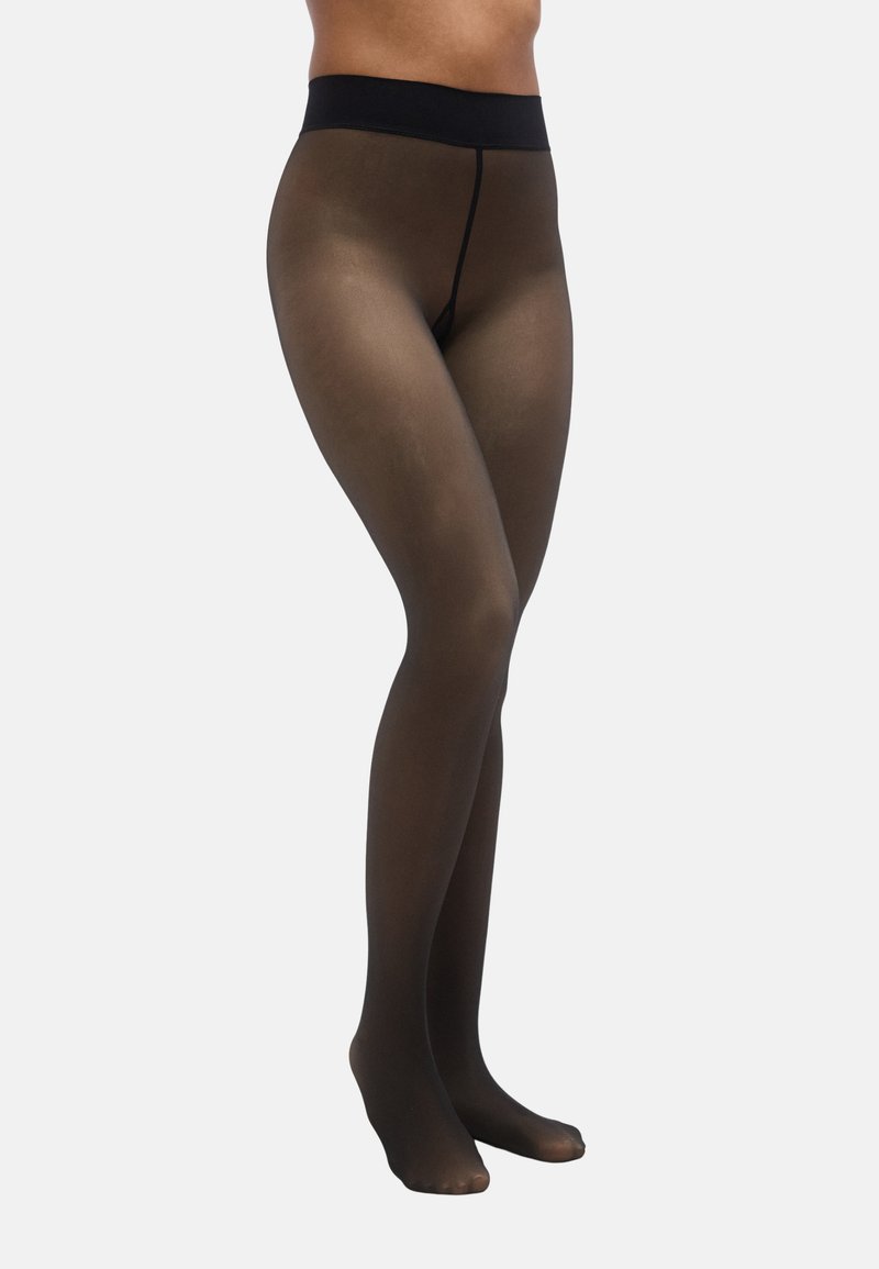 Doorschijnende zwarte panty's met een brede, elastische tailleband. Voorzien van een gladde textuur, een aansluitend ontwerp en een ondoorzichtige afwerking van taille tot teen.