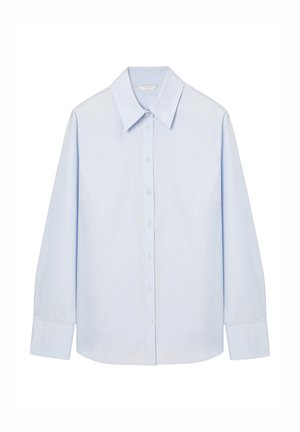 Lyseblå skjorte med knapper foran, lange ærmer, klassisk krave og glat tekstur. Otte knapper foran. Minimalistisk design.