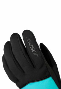 Schwarze und aquafarbene Handschuhe mit einer glatten, strukturierten Außenseite, einem engen Schnitt und einem erhabenen "reusch"-Logo am Handgelenk.