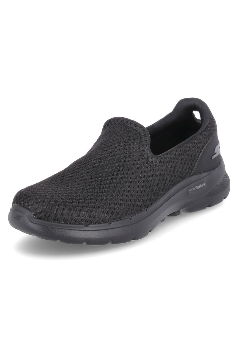 Schwarzer Slip-On Sneaker mit atmungsaktivem Mesh-Obermaterial, gepolsterter Sohle, die mit "Hyperpillars" gekennzeichnet ist, und Zuglasche an der Ferse für einfaches Anziehen.