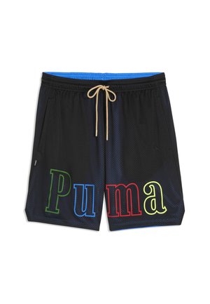 Sorte mesh-shorts med blå indvendig foring, beige snøre, sidelommer og stort multifarvet "Puma" logo foran.