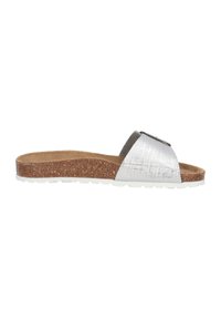Silverfärgade sandaletter med en texturerad rem, korkfotbädd och vit gummisula. Har en enkel design och minimal hårdvarudekoration.