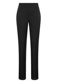 Zwarte op maat gemaakte broek met een rechte pijp, gemaakt van soepel materiaal. Heeft een platte voorkant en een eenvoudige tailleband zonder zakken.