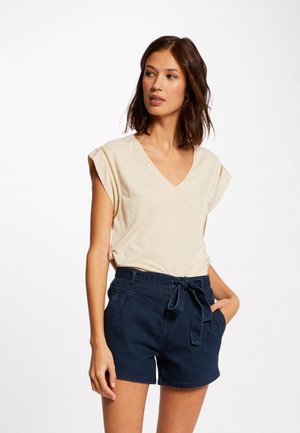 SHORT-SLEEVED WITH V-NECK - Basic T-shirt - beige