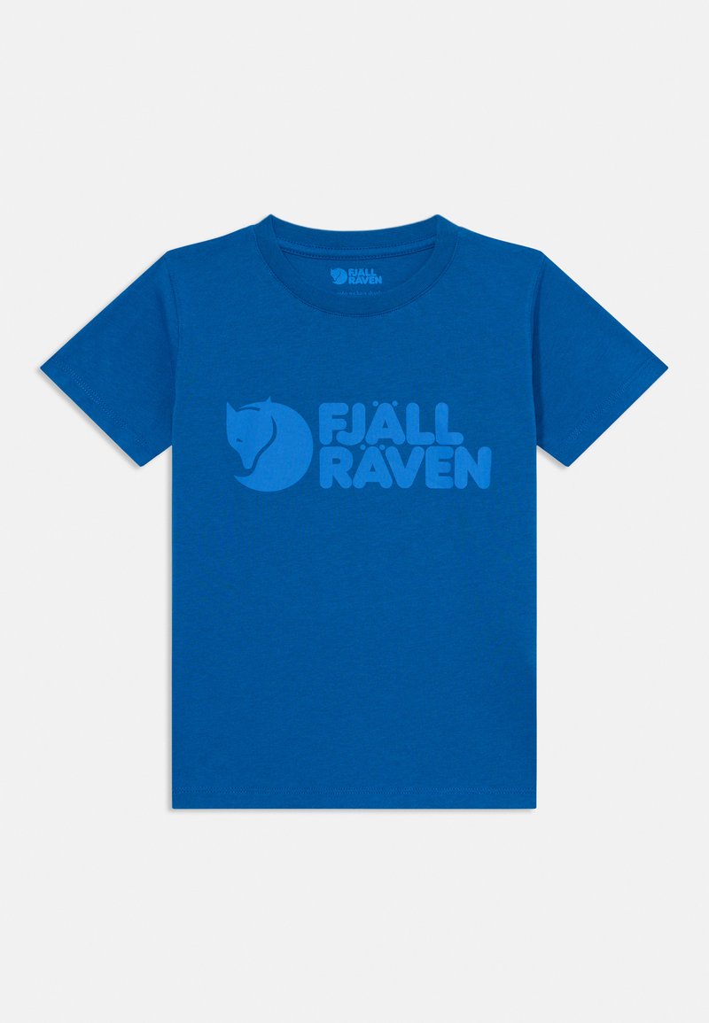Blue cotton t-shirt with a crew neck and short sleeves featuring a large, light blue "FJÄLL RÄVEN" logo printed on the front.
