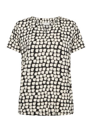 Kortærmet blouse med V-hals, prydet med et sort-hvidt geometrisk mønster, fremstillet af letvægtigt stof. Løs pasform med lige kant.