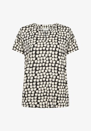 Kurzärmlige Bluse mit V-Ausschnitt, aus leichtem Stoff gefertigt und mit einem schwarz-weißen geometrischen Muster versehen. Lockere Passform mit geradem Saum.