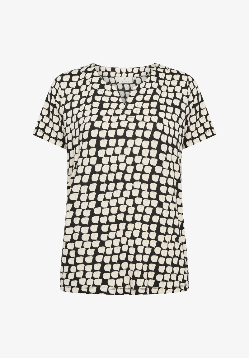 Kurzärmlige Bluse mit V-Ausschnitt, aus leichtem Stoff gefertigt und mit einem schwarz-weißen geometrischen Muster versehen. Lockere Passform mit geradem Saum.