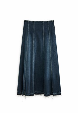 Dark blue denim A-line skirt with vertical seams and a frayed hem, shown flat on a white background.