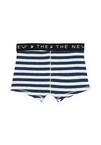 Boxer shorts rayés bleu marine et blanc avec une ceinture élastique noire unie comportant un texte de marque blanc, fabriqués en tissu doux.