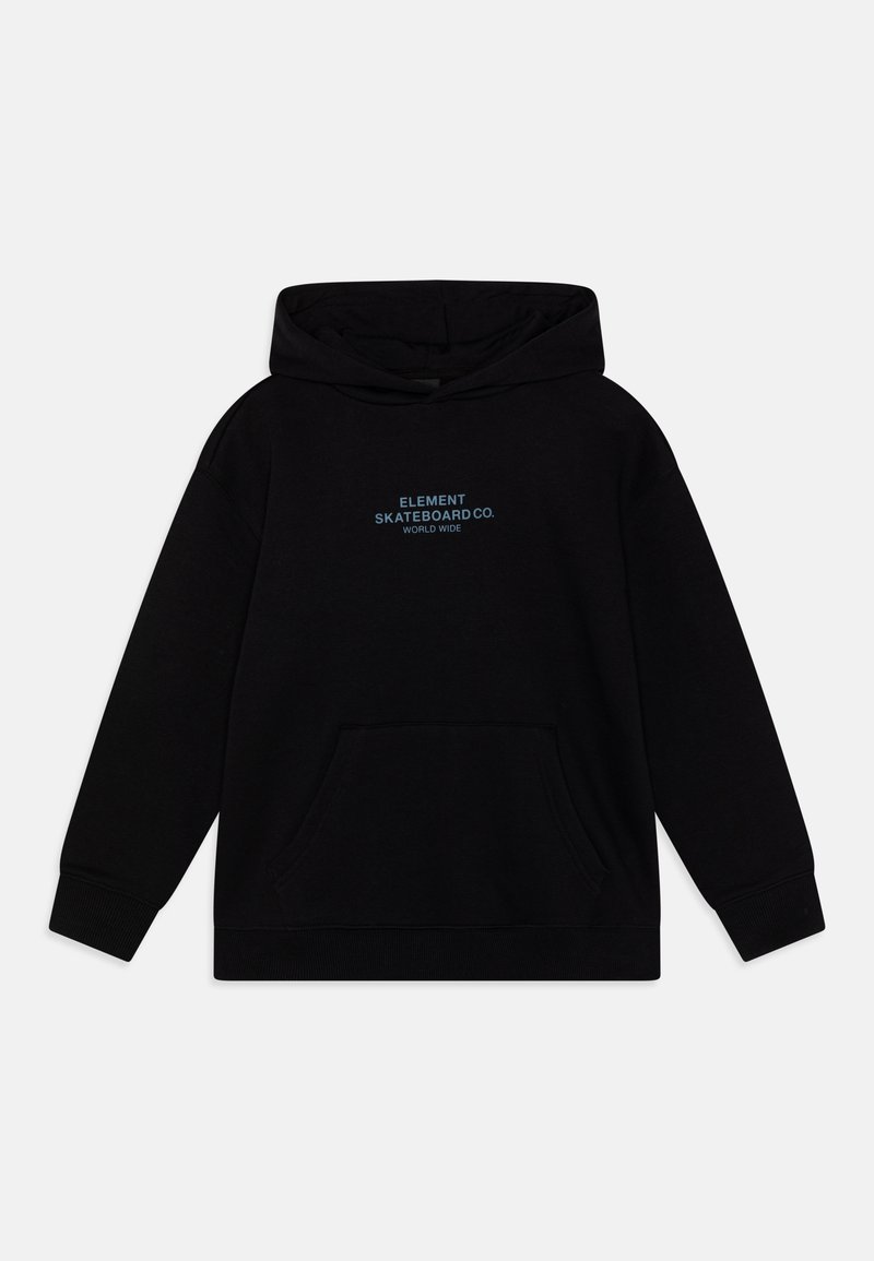 Schwarzer Kapuzenpullover aus Baumwolle. Verfügt über eine große Fronttasche und blauem Text "ELEMENT SKATEBOARD CO. WORLD WIDE" auf der Brust.