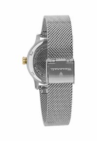 Orologio in acciaio inossidabile con cinturino a maglia, di colore argento, e corona dorata. Presenta un quadrante pulito e il logo del marchio inciso sulla chiusura.