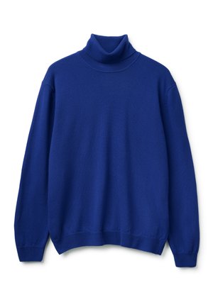 Modrý rolák vyrobený z měkké látky. Má dlouhé rukávy, žebrovaný límec a manžety. Jednoduchý design v jednobarevné bez vzorů.