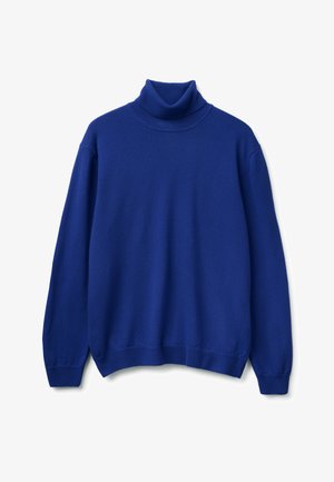 Blauwe coltrui gemaakt van zachte stof. Heeft lange mouwen, ribbelkraag en ribbelmanchetten. Eenvoudig ontwerp in stevige kleur zonder patronen.
