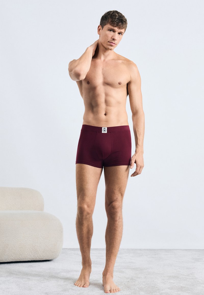 Bordeaux herre boxer briefs lavet af blødt, strækbart stof, med en tæt pasform og et mærke på taljebåndet. Modellen står barfodet.