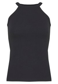Top halter nero a costine con un design aderente, caratterizzato da un collo alto e un'originale lavorazione attorcigliata alle cuciture delle spalle.