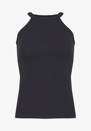 Black ribbed halter top with a fitted design, featuring a high neckline and unique twisted detailing at the shoulder seams.