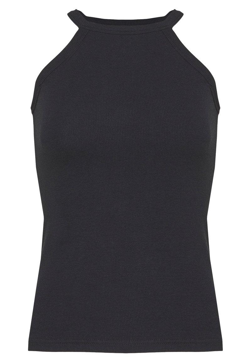 Top halter nero a costine con un design aderente, caratterizzato da un collo alto e un'originale lavorazione attorcigliata alle cuciture delle spalle.
