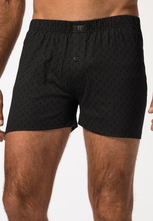 Boxer shorts negros con un patrón de diamantes, cintura elástica y cierre de botón. Fabricados con una tela suave para mayor comodidad y ajuste.