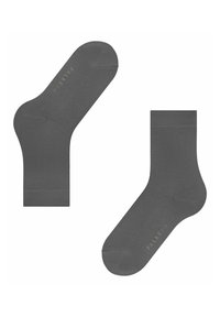 Calzini di cotone grigi con una texture liscia, dotati di tallone e punte rinforzate, e risvolto. Nome del marchio stampato sul lato.
