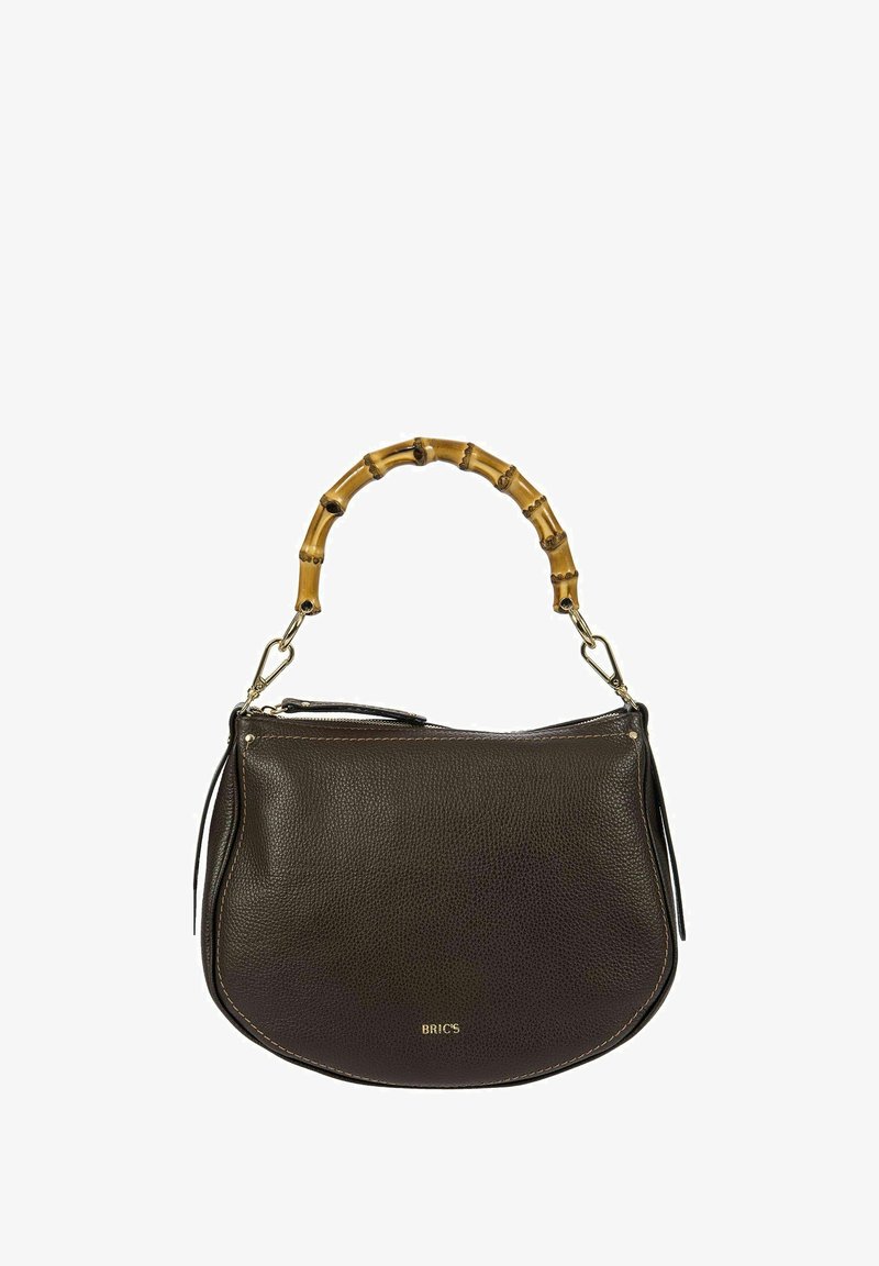 Sac à main en cuir marron avec une surface texturée, une forme courbée et une poignée en bambou. Doté d'une fermeture éclair et d'un logo de marque sur le devant.