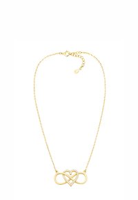 Guld kæde halskæde med et infinity-symbol, der er sammenflettet med et hjerte, prydet med små klare ædelstene i midten.