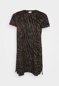 Short-sleeve dress featuring a brown and black tiger stripe pattern, with side slits at the hem, displayed on a plain white background.