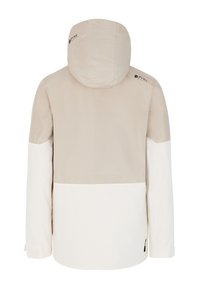 Giacca leggera con cappuccio dal design bicolore. La parte superiore è beige, mentre la parte inferiore è bianca. Presenta un materiale testurizzato e resistente all'acqua.