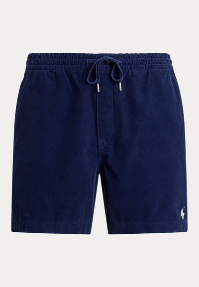 Short en velours côtelé bleu marine avec ceinture élastique, cordon de serrage et petit logo cheval blanc brodé sur la jambe gauche.