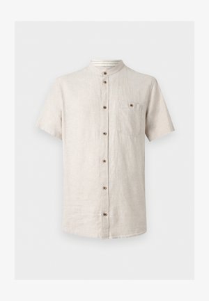 Μπεζ λινό πουκάμισο με κοντά μανίκια, μανταρίνι γιακά, κουμπιά στο μπροστινό μέρος και μία τσέπη στο στήθος με κλείσιμο με κουμπί.