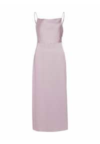 Rosa satinspettsklänning med tunna axelband, en figursydd bodice och en rak kjol som sträcker sig till mitten av vaden. Slät textur.