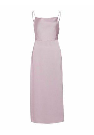 Roza satenasta obleka brez rokavov z tankimi naramnicami, prilegajočim bodijem in ravnim krilom, ki sega do dolžine sredine meča. Gladka tekstura.