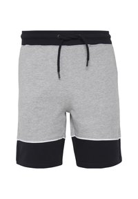 Grå og sorte shorts lavet af bomuldsblanding, med elastisk talje, snøre og farveblokdesign med hvide accenter.