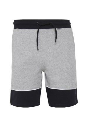 Gray and black shorts made of cotton blend, featuring an elastic waistband, drawstring, and color-blocked design with white accents.