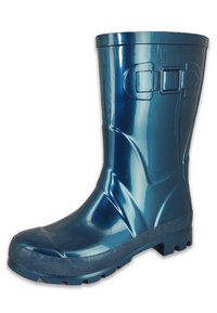 Botte de pluie en caoutchouc bleu avec une finition brillante, bout rond, semelle texturée et détail de boucle sur le côté. Présente une adhérence texturée à la base.